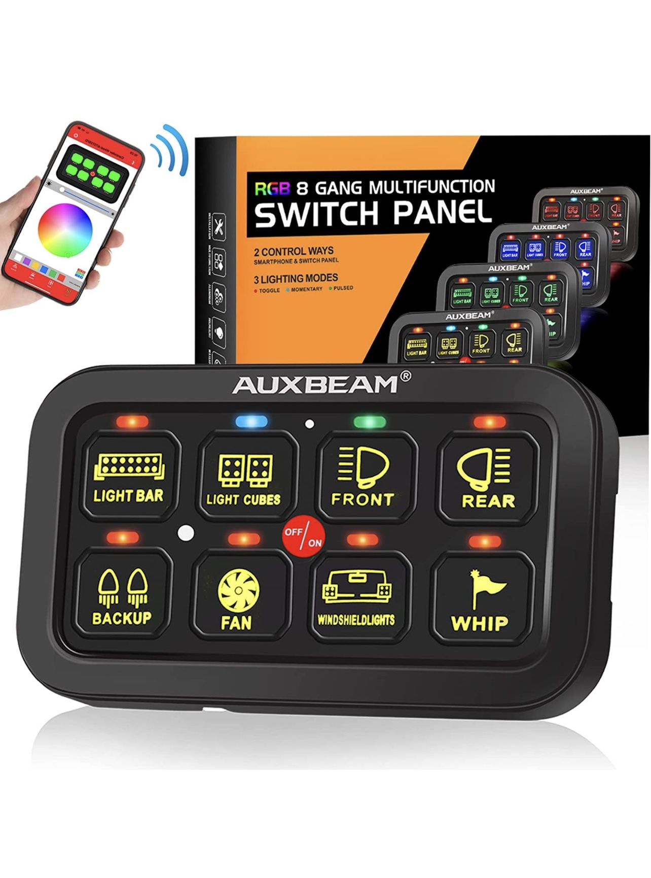 Auxbeam 8 Gang Switch Panel RGB AR-800 Toggle Momentary Pulsed Bluetooth Switch Panel for Truck SUV UTV ATV Marine RV Camper Van, Multifunction 12-24V