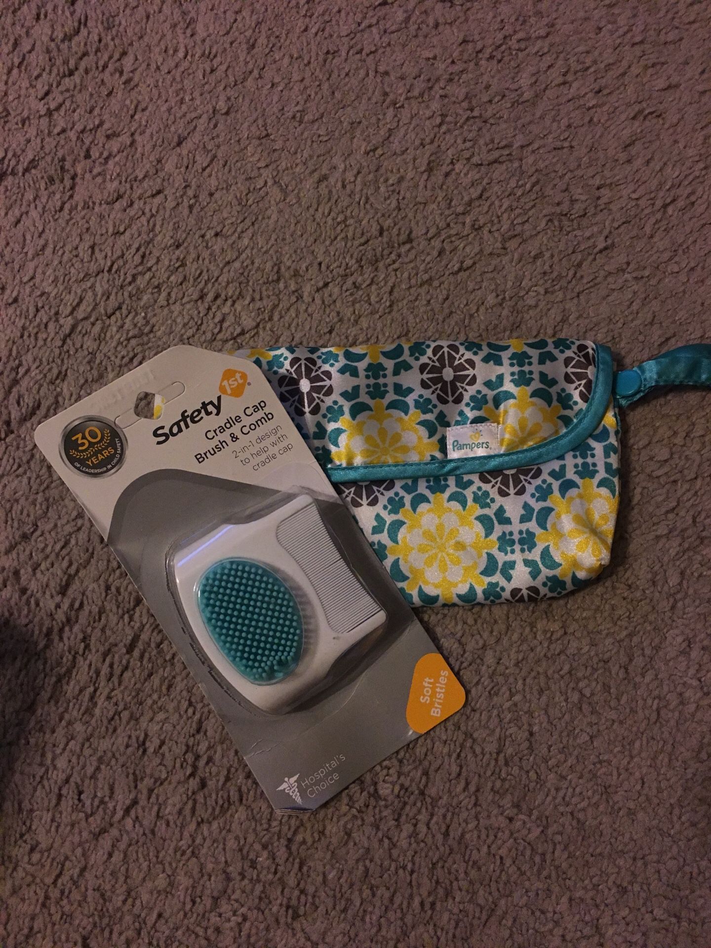 Safety 1st cradle cap brush and comb and Pampers small pouch