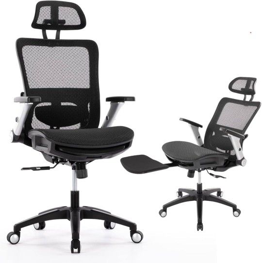 Ergonomic Mesh Office Chair with Footrest, High Back, Computer Executive Desk Chair with Headrest and 4D Flip-up Armrests, Adjustable Tilt Lock and Lu