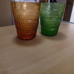 VINTAGE 19-CENTURY SET OF 2 EAPG GOLD AND GREEN FLIP TUMBLERS SEE CURRENT SALE PRICES IN THE PHOTOS