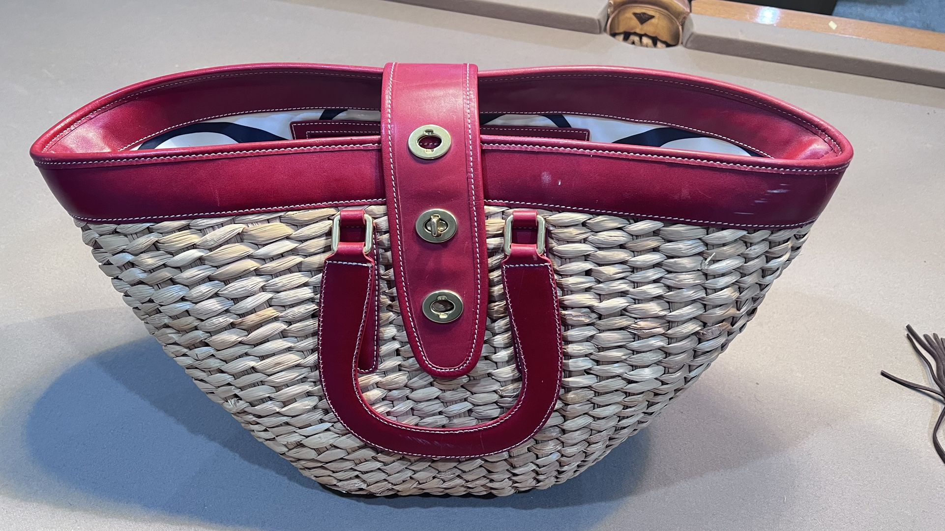 COACH Y2K Wicker Woven Natural Straw Red Leather Trim Boho Satchel Tote Purse