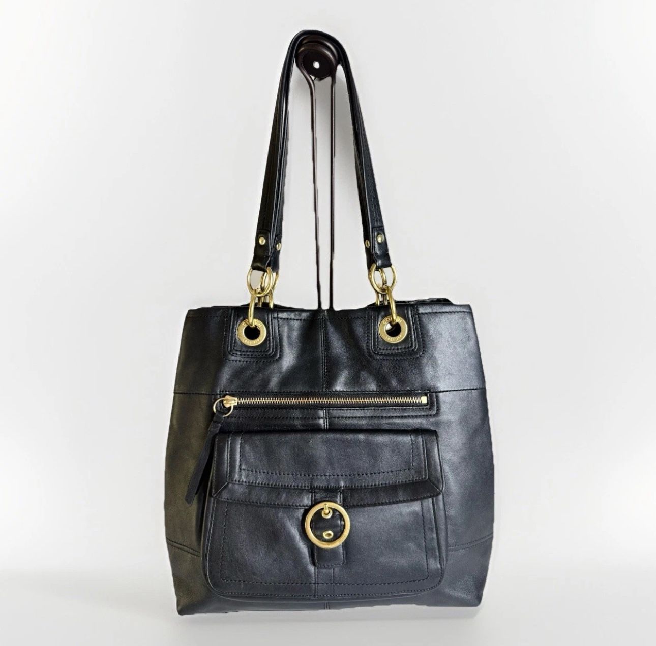 Coach Hampton Signature Turnlock Leather Double Handle Shoudler Tote In Blk