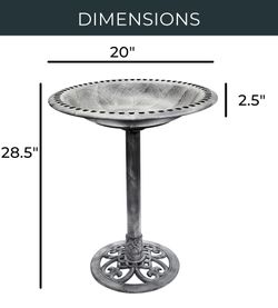Pedestal Bird Bath 28in – Fleur de Lis Garden Decor, Stone Grey & Copper Bronze, Halloween Night
