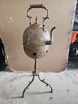 Antique Repousse Copper Tea Kettle on Tripod Stand with Brazier — 37" — 19th Century — Complete Set