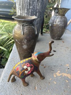 Brass Trunk Up Elephant For good Luck - Brass Colorful Elephant Heavy $40
