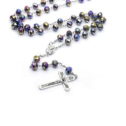 Crystal Rosary Catholic Mystical Silver Holy Land Necklace Cross Crucifix