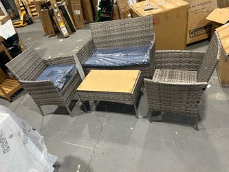 New 4-Piece Patio Wicker Conversation Set Outdoor Bistro Set with Upholstered Loveseat, 2 Chairs, Glass Coffee Table