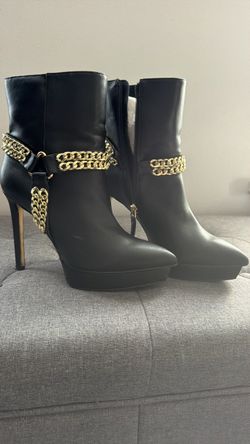 JLO Black Stiletto Ankle Boots with Gold Chain Detail