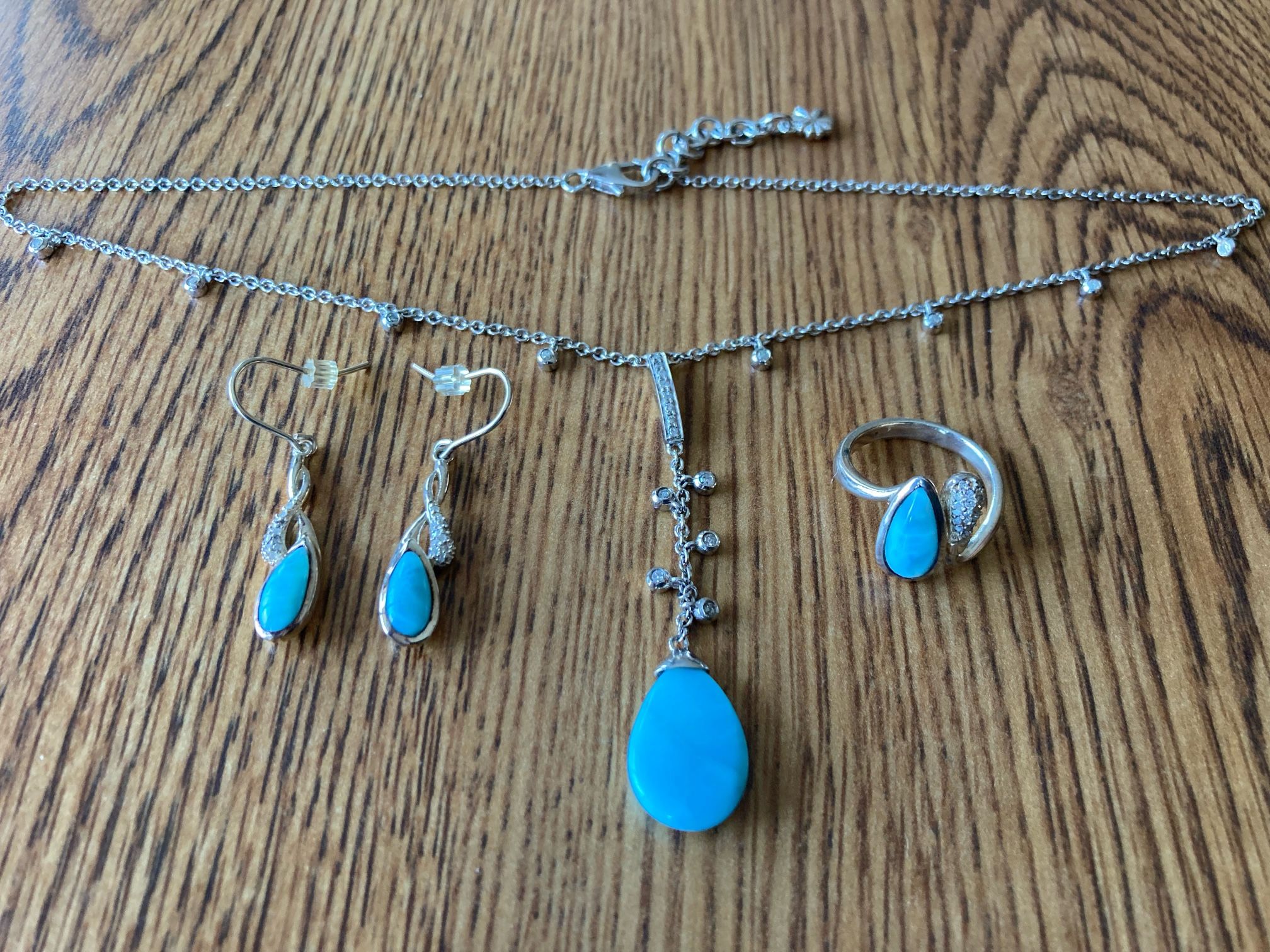 Larimar Ring, Earrings, Necklace Diamond Chips