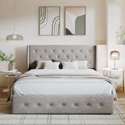 Queen Size Upholstered Lift up Storage Platform Bed Frame with Fabric Button Tufted Wingback Headboard, Beige