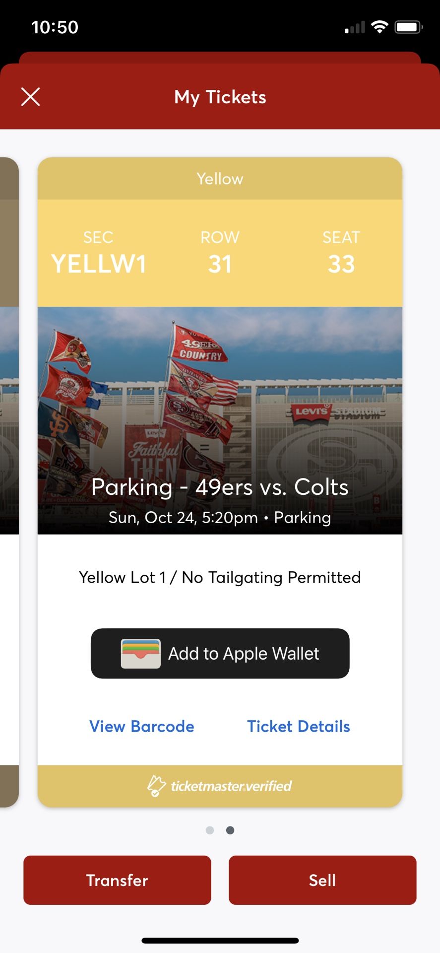 49ers Vs Colts Parking Pass Yellow Lot 1  