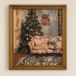 Framed Christmas Interior Oil Painting