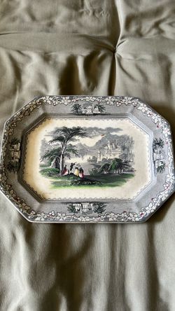 Vintage Scenic Transferware Serving Platter / Tray Cottage Castle Landscape Decor