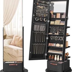 6 LEDs Lockable Mirror Jewelry Cabinet, 360° Swivel Jewelry Organizer Armoire Standing, Frameless Full-Length Mirror, 3 Storage Shelves, B