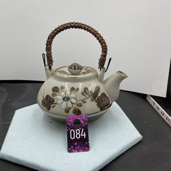 Vintage Otagiri Stoneware Tea Pot Rattan Handle Happu Folkware Japan 5 in