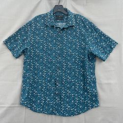 Banana Republic Mens Size L Fish Print All Over Button Up Shirt Linen Slim Fit 