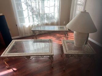 Glass Top Stone and Iron Coffee Table Set