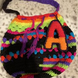 Crochet Drawstring Bag With Strap. 
