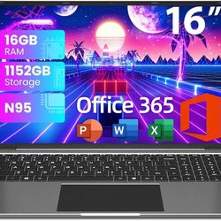 jumper Laptop, Office 365, 16GB RAM 1152GB Storage, 16 Inch Laptops, Laptop Computer with FHD Display(1920x1200), N95 CPU(Up to 3.4GHz), 38WH Battery,