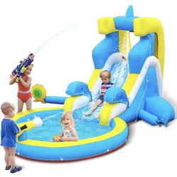 Inflatable Water Slide: 4 in 1 Bounce House Water Park Dolphin Style for Kids - Climbing Wall Splash Pool Water Cannon - 370W Blower - Wet & Dry Indoo