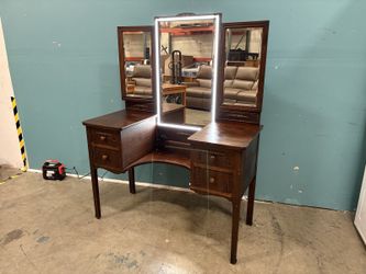 Antique Dark Finished Vanity with Trifold Mirror and Dimmable LED Border