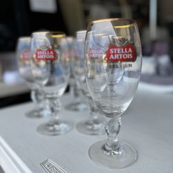 NEW 6 Stella Artois Gold Rimmed Belgium Pilsner Beer Glasses 