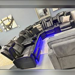 Leather Power recliner sectional sofa with LED USB wireless chargers