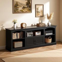 71" TV Stand for TVs up to 80 Inch,Modern Farmhouse Entertainment Center with Arched Cabinet Doors & Open Adjustable Storage Shelves,Media Console Tab