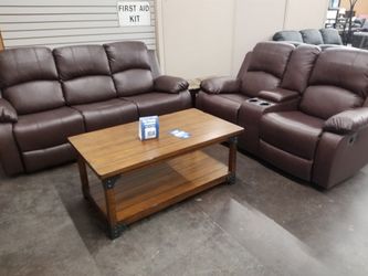 Dual reclining sofa with dropdown leaf and loveseat with console