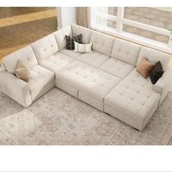 HONBAY Sleeper Sectional Sofa, U Shaped Sectional Couch, Sofa Bed Couch, Beige