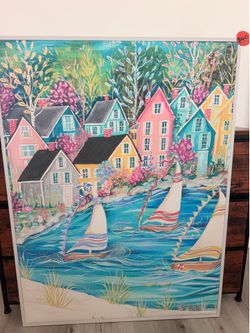⛵ COASTAL VILLAGE FOLK ART · SIGNED · $40 ⛵