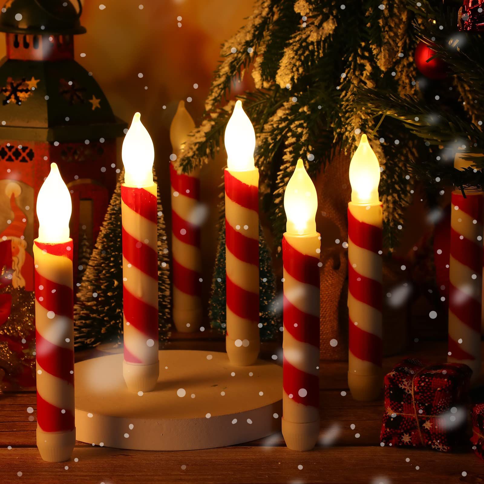 24 Pcs Flameless Striped Taper Candles Flickering Battery Operated Red Stripes LED Handheld Candles Lights for Xmas Church Wedding, 0.8 x 6.5 Inch