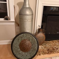 Like new 43" Rustic Farmhouse Style Galvanized Metal Floor Vase And Metal Plate Decoration, Large