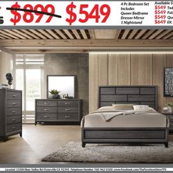 4pc Bedroom Set $549 Queen $649 Eastern King Includes bedframe Dresser mirror nightstand Grey Bedroom Set