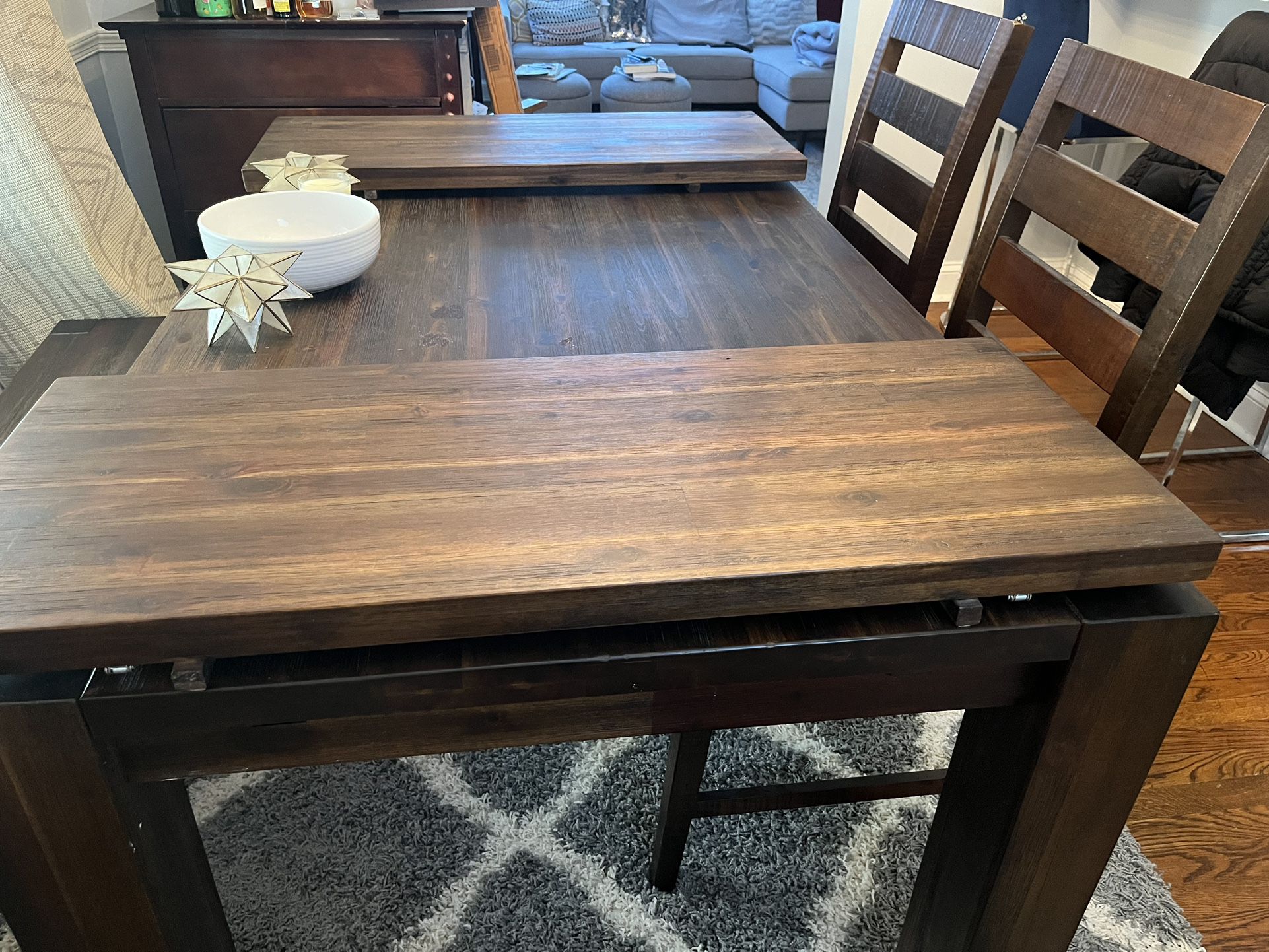 Dark Wood Dining Table Set (2 Chairs with cushions, Bench with custom cushion), 2 Leafs 