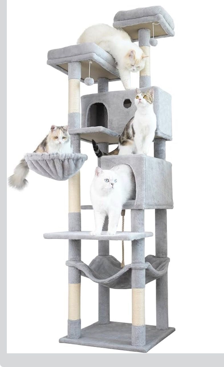 73.6 inch Tall Cat Climbing Tower for Large Cat Indoor with 2 Large Condos, 2 Widened Perches, Sisal Covered Scratching Posts, 2 Hammocks, Light Gray
