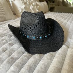 Gorgeous Black And Turquoise Straw Cowboy Hat - New With Tags 