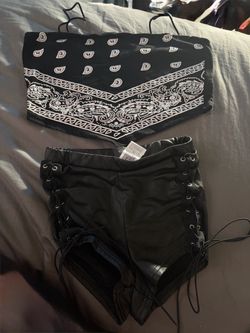 Black Bandana Crop Top and Lace-Up Shorts Set