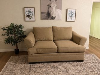 Tan Fabric Loveseat with Rolled Arms