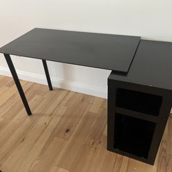 Black Glass Desk With 2 Metal Legs And A Shelf Cabinet