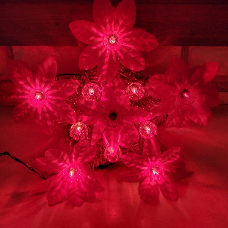 Vintage Silk Lighted Poinsettia Holiday Christmas Tree Topper 9"x9"