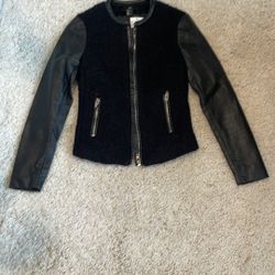 Women's Black Leather wool dress Jacket 2 H&M inside pocket zip front New