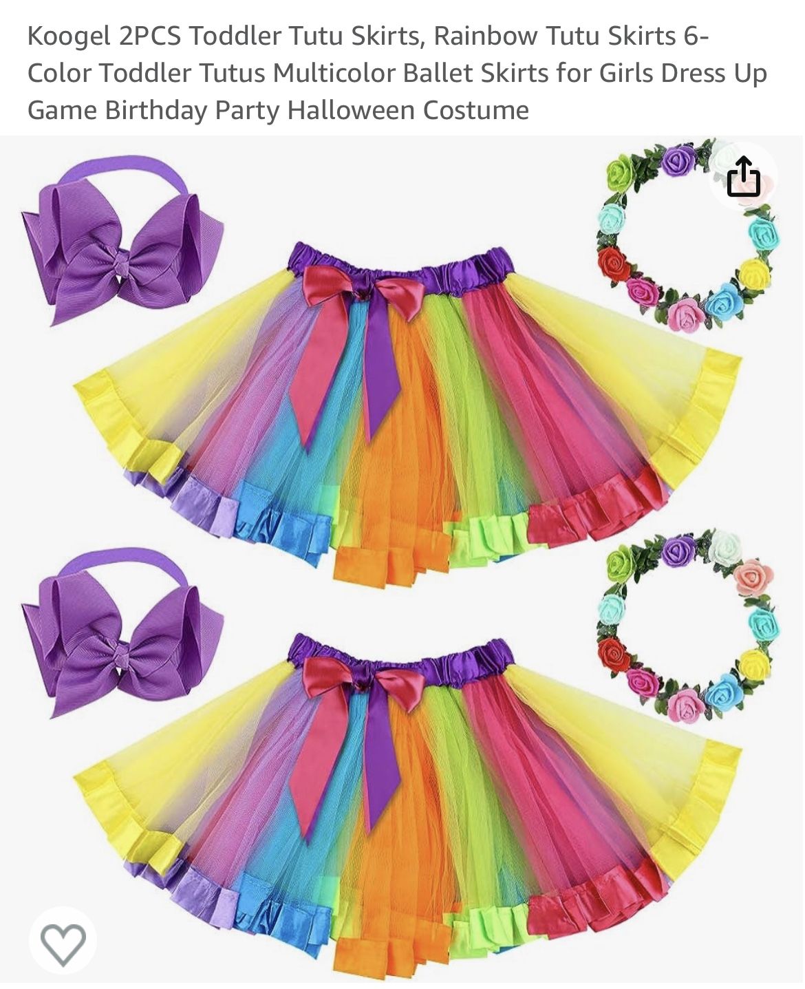 Koogel 2PCS Toddler Tutu Skirts, Rainbow Tutu Skirts 6-Color Toddler Tutus Multicolor Ballet