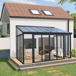 10×14 ft Enclosed Patio Cover with 3 Lockable Sliding Doors, All Season Sunroom with aluminum alloy frame ,Polycarbonate Roof and transparent solid PC
