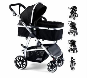 Baby Stroller, 2-in-1 Reversible Toddler Seat with Bassinet Mode, Foldable Infant Stroller with Canopy, One Button Brake, Adjustable Handle, Newborn P