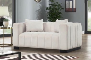 Cream Velvet Channel Tufted Loveseat