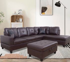 Espresso brown leather sectional couch and ottoman