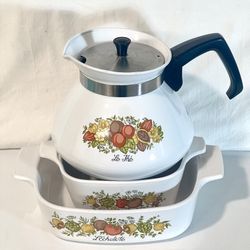 Vintage Corning Ware Spice of Life Casserole + Teapot Set