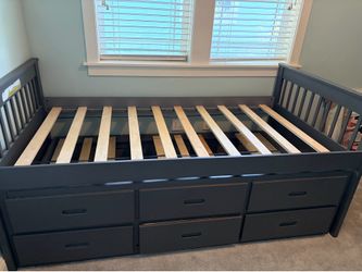 Grey twin captains trundle bed solid wood + mattress