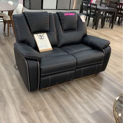 Black Leather Power Reclining Loveseat 
